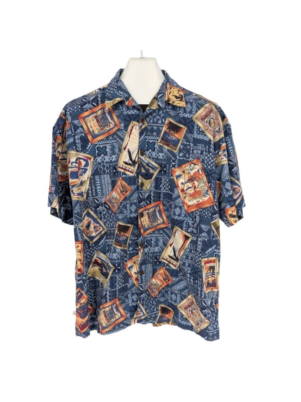Vtg Robert Stock Hawaiian Button Up Shirt Postcard Travel Print Aloha Y2K Large